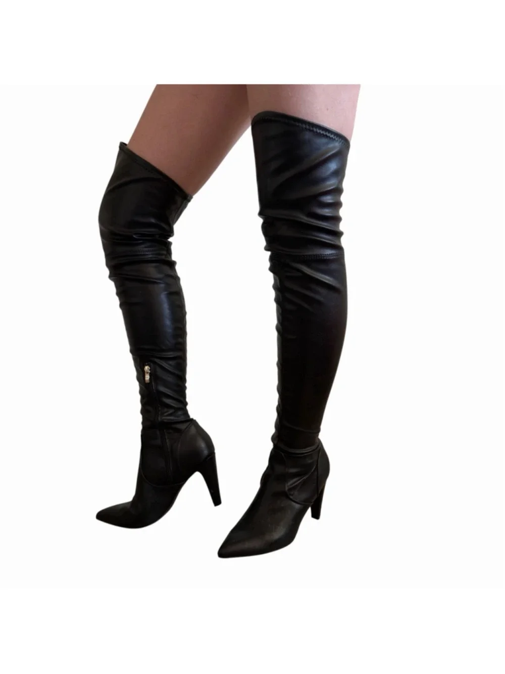 Womens 8.5 Black Thigh-High Stiletto Pointed Toe Faux Leather Boots Gothic Witch